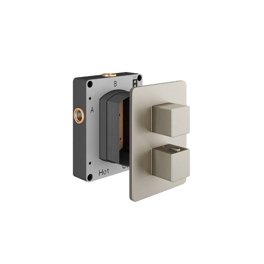 Product Cut out image of the Abacus Square Brushed Nickel 3 Outlet 2 Handle Thermostatic Shower Valve